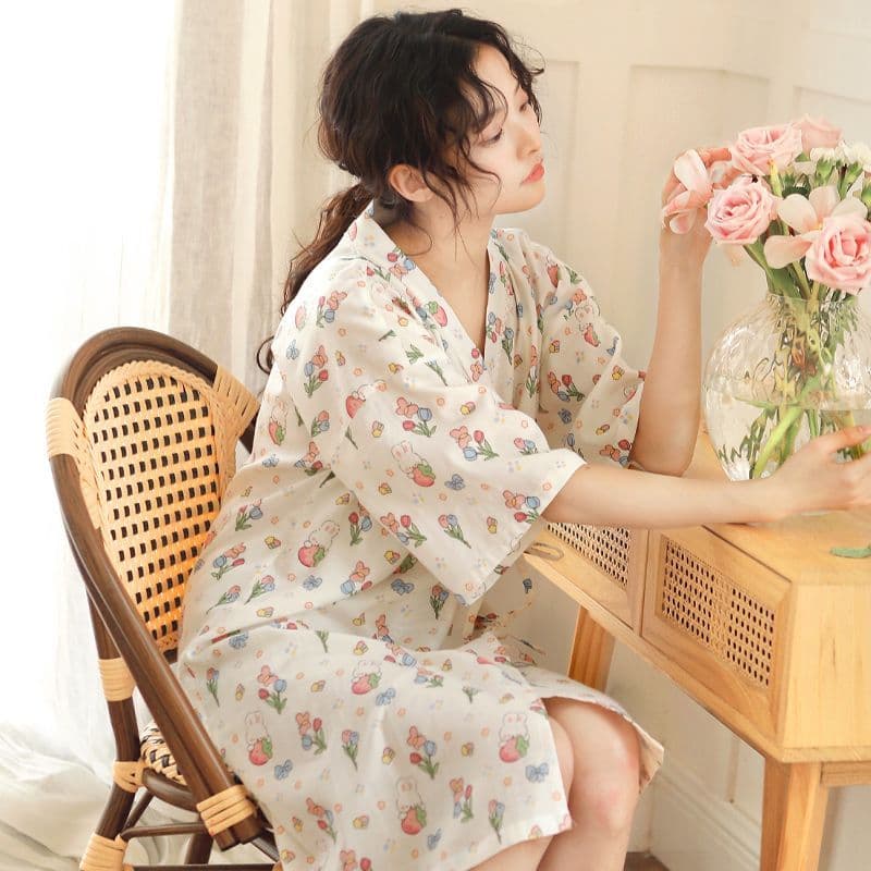 Ins camisola japonesa feminina verão fino rendas quimono pijamas senhoras doce camisola de manga curta Cardigan Homewear