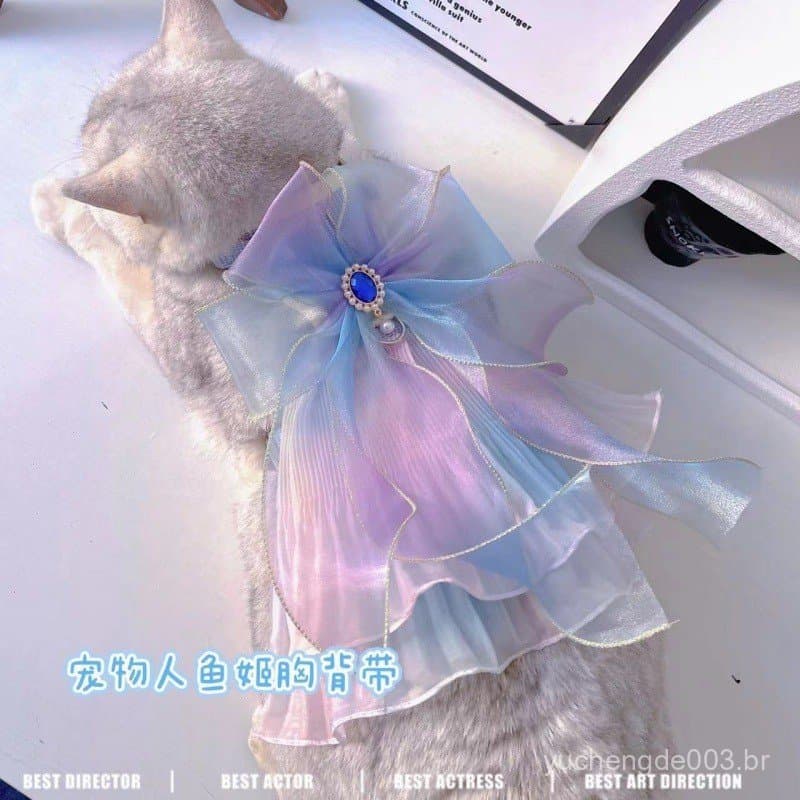 Coleira para Animais de Estimação Super Fada Sereia com Vestido de Malha para Gatos, Coleira Anti-Fuga para Passeio de C