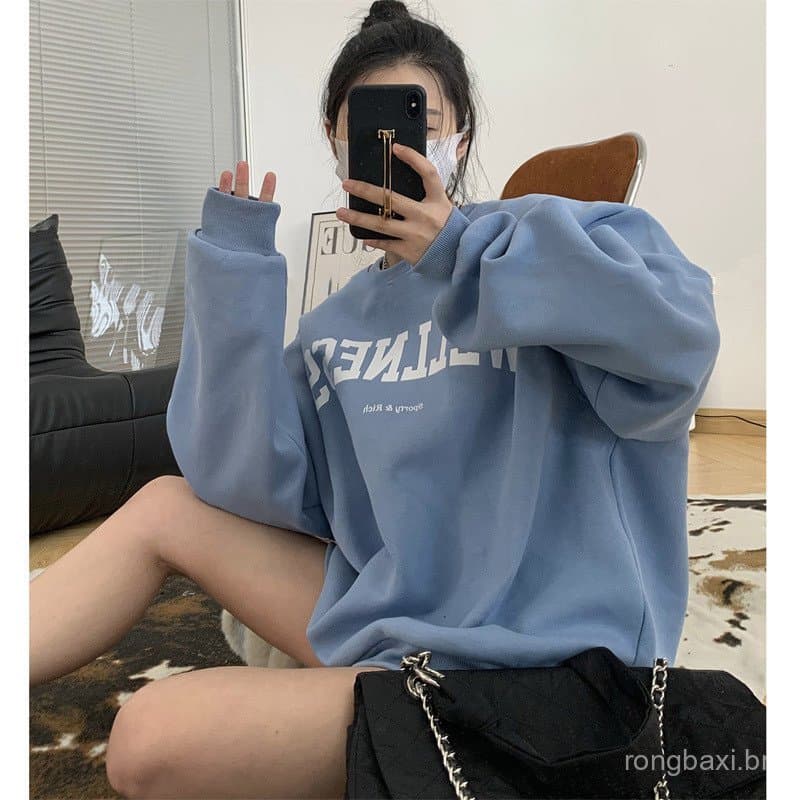 Forro de lã solto Casual moletom feminino outono inverno jaqueta Vintage em torno do pescoço de manga comprida camisa de