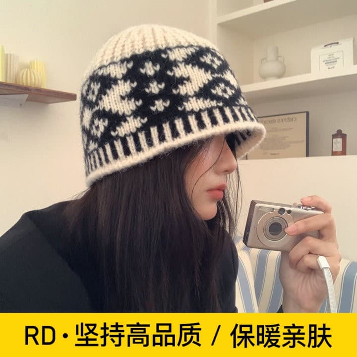 Retro diamante malha chapéu de lã feminino inverno versão coreana grande circunferência da cabeça quente à prova de frio