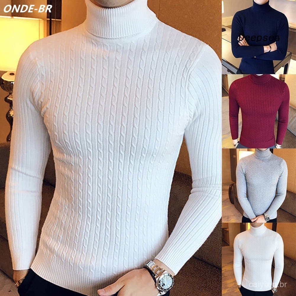 Suéter Masculino Casual Slim de Cor Sólida com Gola Alta GPEC