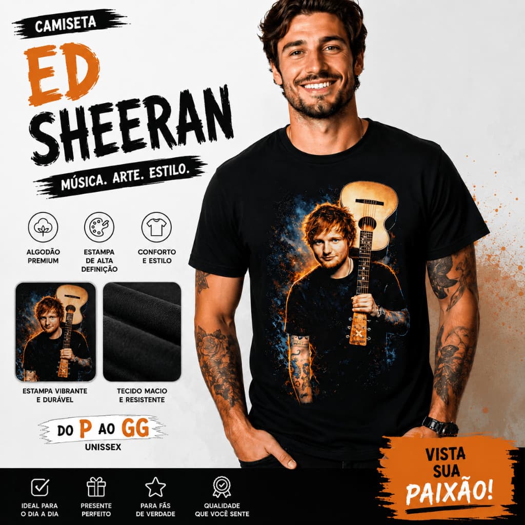 Camiseta Ed Sheeran |  Unissex | Estampa Música Pop |Fã Cantor | Confortável | Adulto e Infantil