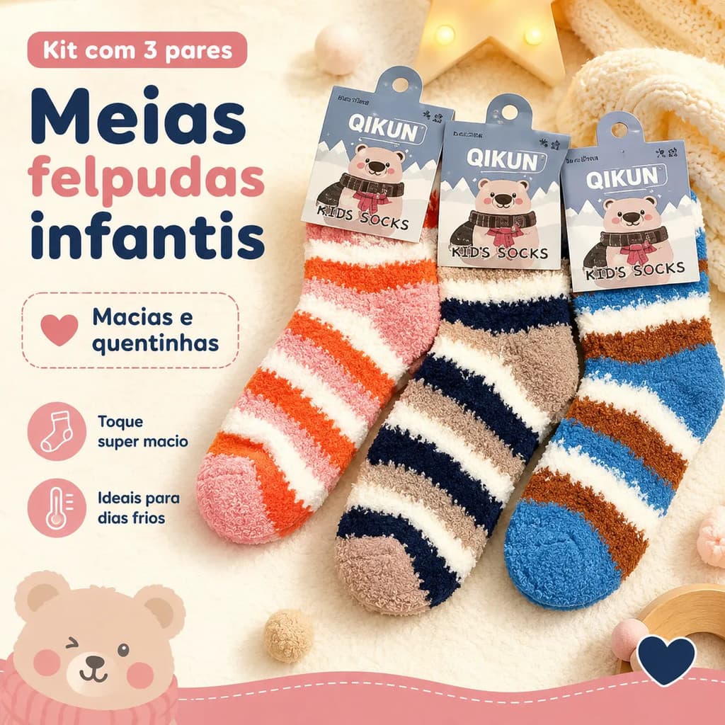 Kit 3 Pares Meias Infantil Felpuda Quentinha Inverno Termica