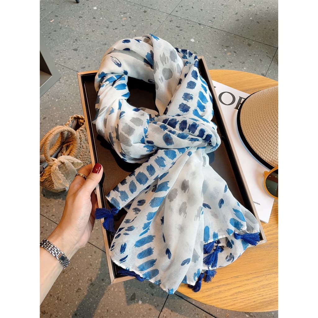 Azul respingo tinta ponto lenço de seda feminino verão viagem protetor solar grande xale primavera outono fino algodão l