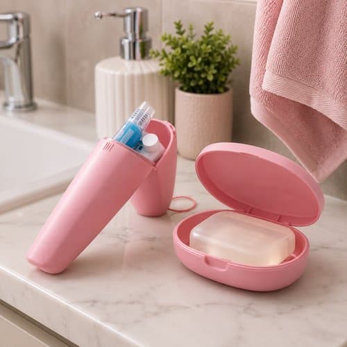 Kit Organizador Banheiro Porta Escova Dental Saboneteira Compacto Resistente Rosa