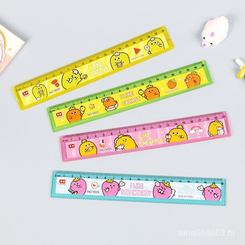 Material escolar: régua de desenho animado para crianças, régua de plástico de 15cm, régua transparente de 20cm com linh