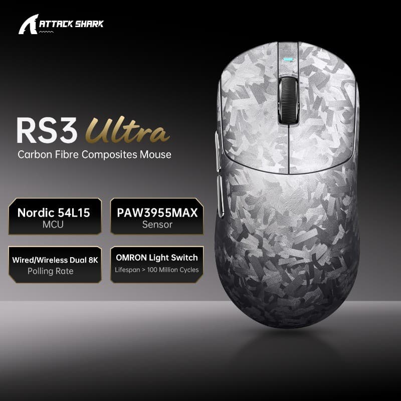 Ataque SHARK RS3 Ultra Wireless Gaming Mouse PAW3395 Sensor 26000 DPI 8000Hz Tri-Mode Fibra De Carbono Leve E-Sports Par