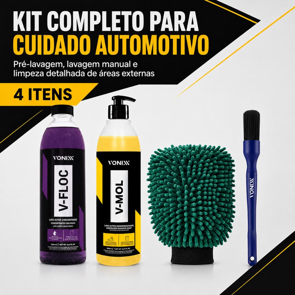 Kit Lavagem Vonixx V-Floc V-Mol 500ml Luva Vintex Pincel Automotivo Carro Moto Completo 4 Itens