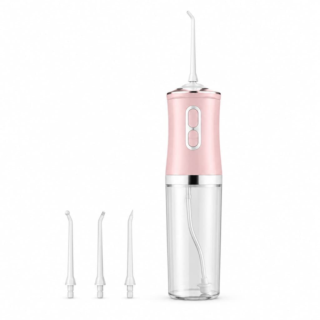 Irrigador Oral Portátil Recarregável, Jato de Água para Limpeza Bucal e Dental, com 4 Bicos Intercambiáveis, Rosa