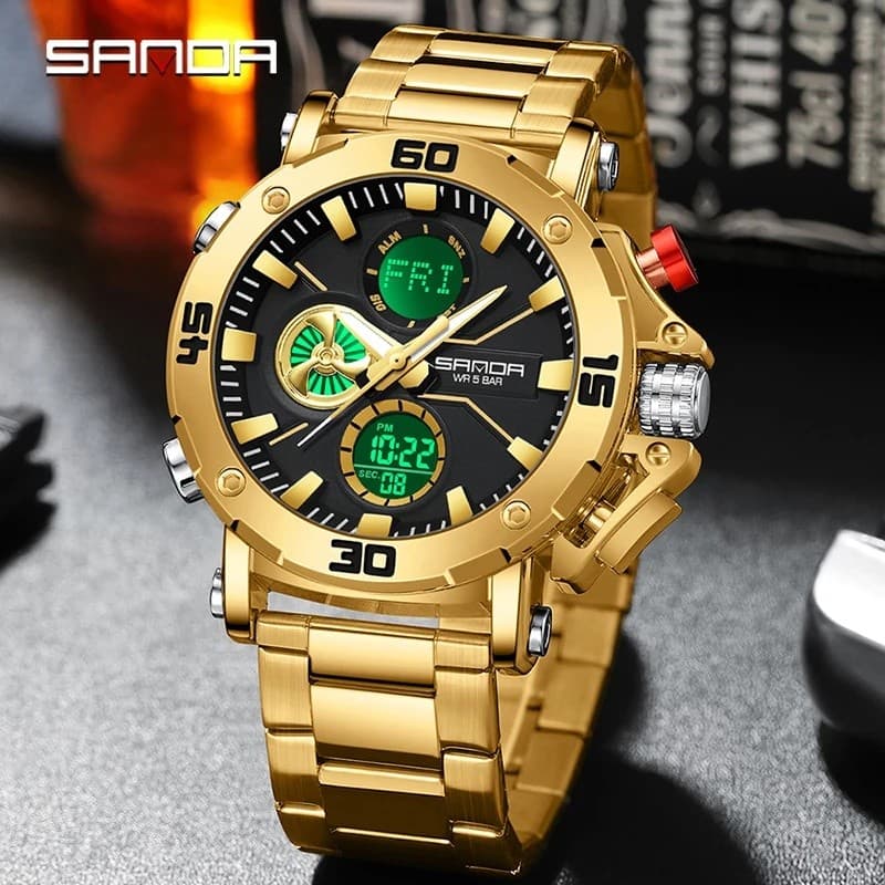 SANDA Novo Relógio De Luxo De Aço Inoxidável Masculino Esporte Quartzo À Prova D'água Luminoso Cronômetro LED Eletrônico