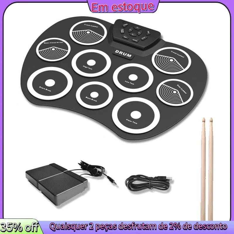 Conjunto De Bateria Eletrônica Tambor Enrolado À Mão Interface MIDI De 9 Almofadas Suporta Jogos Portátil Com Pedais De
