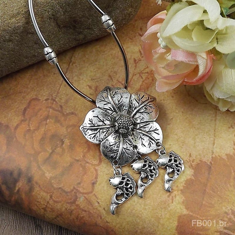 Colar Étnico Tibetano com Flor Estrela a1003 Acessórios Tibet Nepal Peixe IDYN