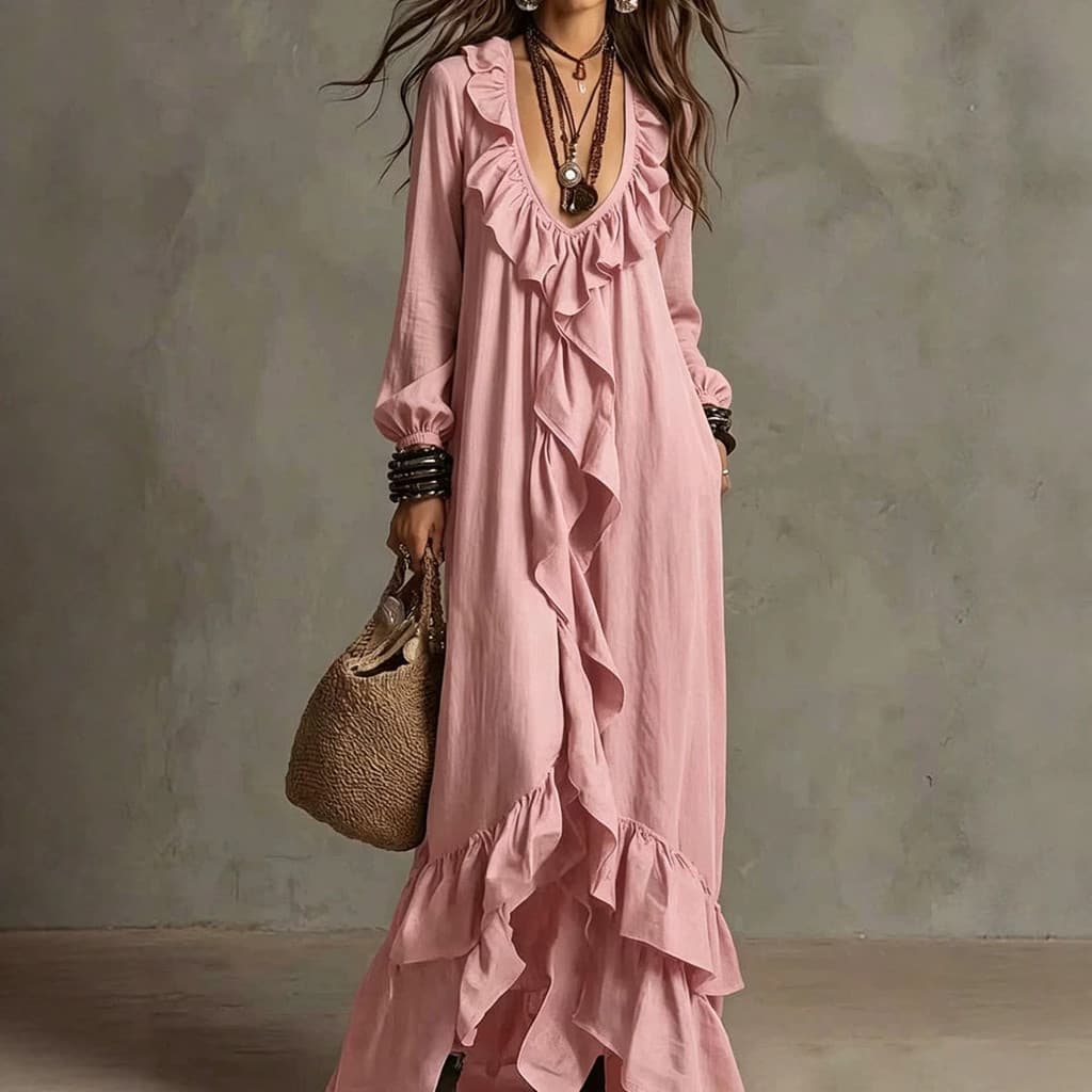 vestido longo Feminino casual Boêmio Saia Longa Com Decote Em V Manga Comprida Babados Retrô