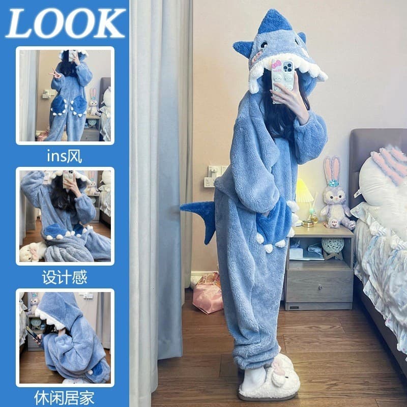 Bonito tubarão pijamas Coral velo 2026 novo estilo feminino outono inverno engrossado mais velo casal de uma peça Homewe