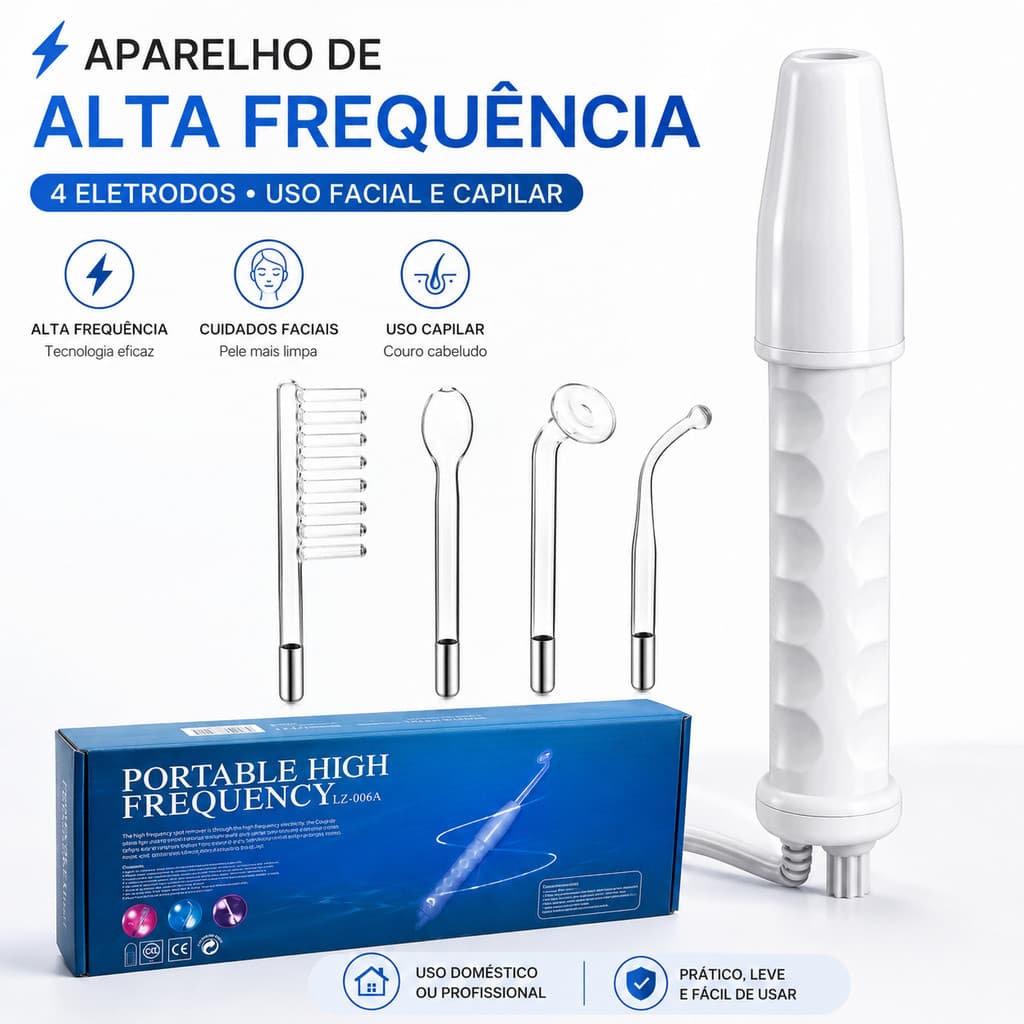 Alta Frequência Facial Portátil com 4 Eletrodos | Aparelho Estético para Limpeza de Pele e Cuidados Faciais
