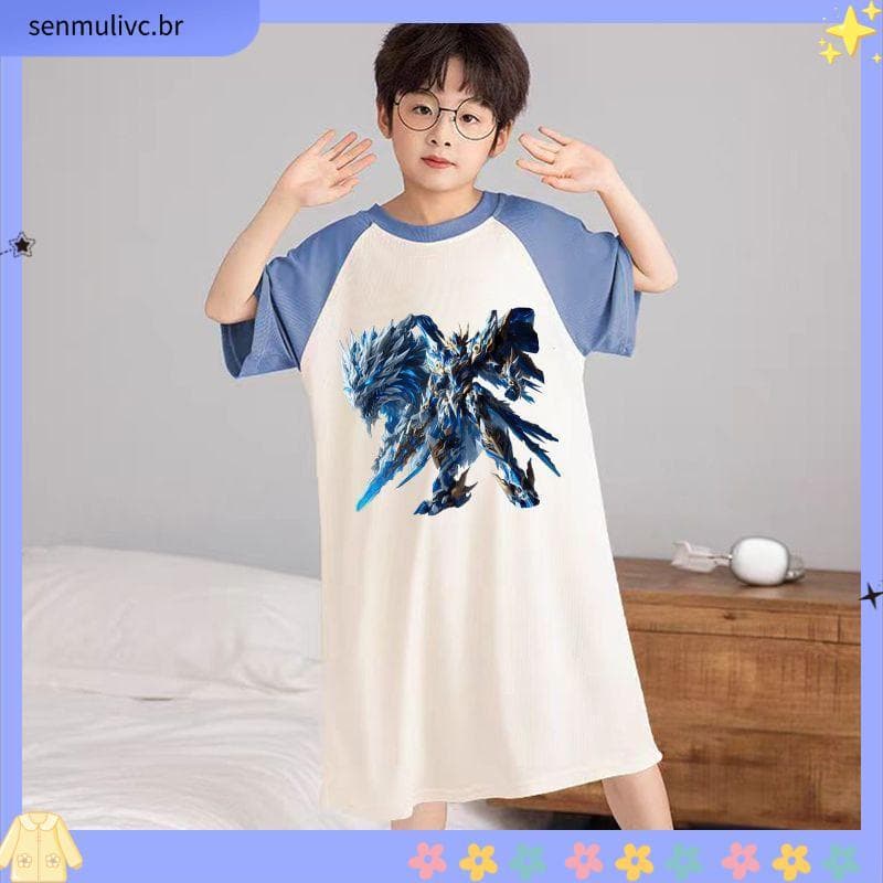 Menino Mecha guerreiro camisola verão Modal dos desenhos animados menino juventude corte de couro pós-operatório vestido