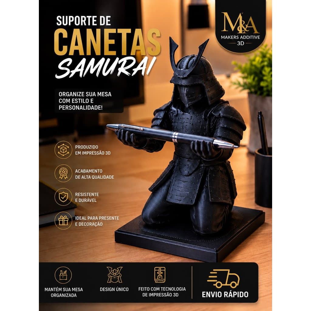 Porta Canetas Samurai Decorativo Organizador de mesa cultura Geek Gamers Otakus colecionadores decoração de Mesa