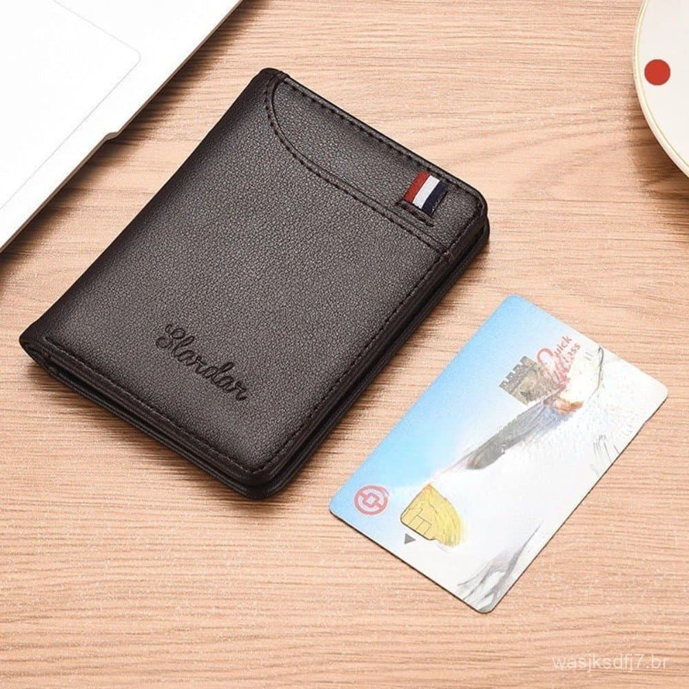 Carteira vertical masculina ultra-fina e compacta, multifuncional, em couro, para cartões.
