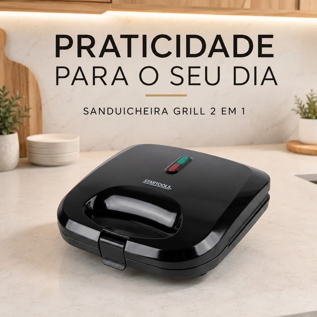 Sanduicheira Elétrica Startools 750W 220V Placas Antiaderentes Compacta Preta