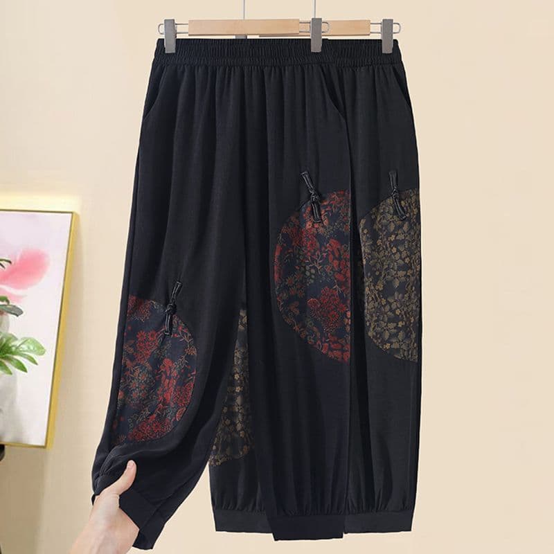 Mãe Verão Nove Pontos Gelo Seda Fina Lanterna Calças Retro Fivela Femininas Casuais De Meia-Idade E Idosos Solto Cintura