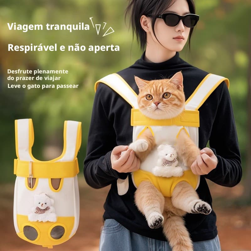 Mochila portátil de ombro duplo para cães e gatos, transportadora de peito amarela para animais de estimação.