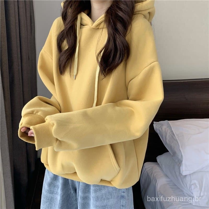 Moletom com capuz de cor sólida feminino solto outono inverno 2025 novo estilo versão coreana na moda Top jaqueta de man