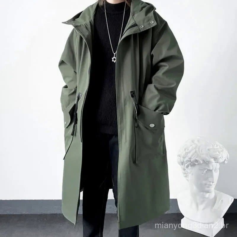 Jaqueta Masculina Com Capuz De Comprimento Médio , Corta-Vento Verde Exército , Sobretudo Estilo Rua .