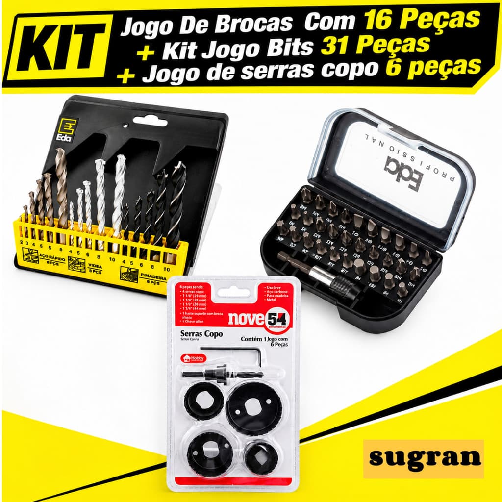 Jogo Brocas Jogo Bits Jogo Serra Copos Parafusadeira KIT 3PÇ