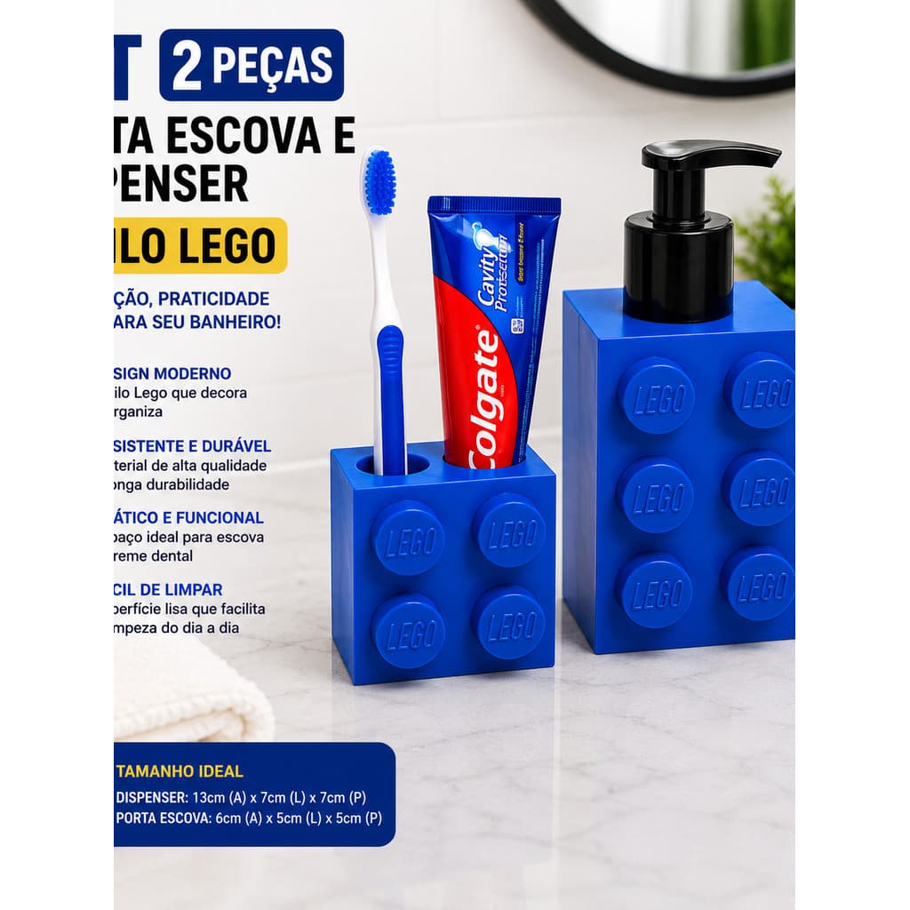 Kit Banheiro Lego Porta Escova Creme Dental Dispenser Sabonete Líquido Organizador De Parede Infantil