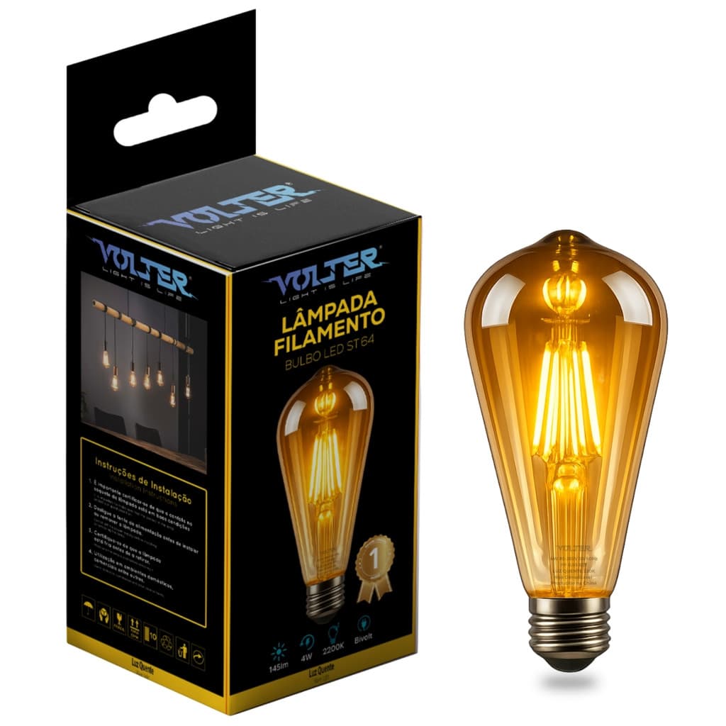 Lâmpada Led Filamento Âmbar St64 4w 360lm 2200k Volter Branco-quente 127/220v