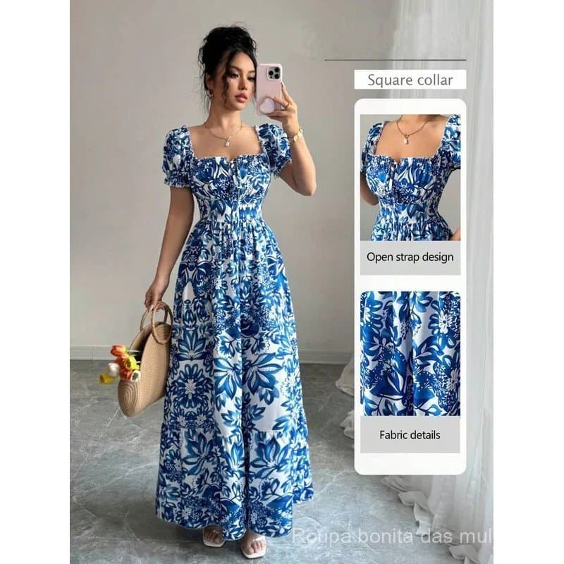 Vestido Elegante Azul com Estampa Floral para Mulheres, com Mangas Bufantes, Longo, Casual, para Férias, com Laço Fronta