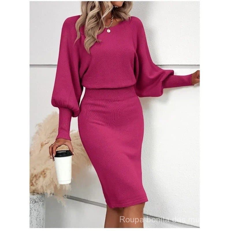 Vestidos Femininos de Outono Inverno em Cor Sólida, de Lã Tricotada, com Decote Redondo, Manga Longa, Cintura Ajustada,