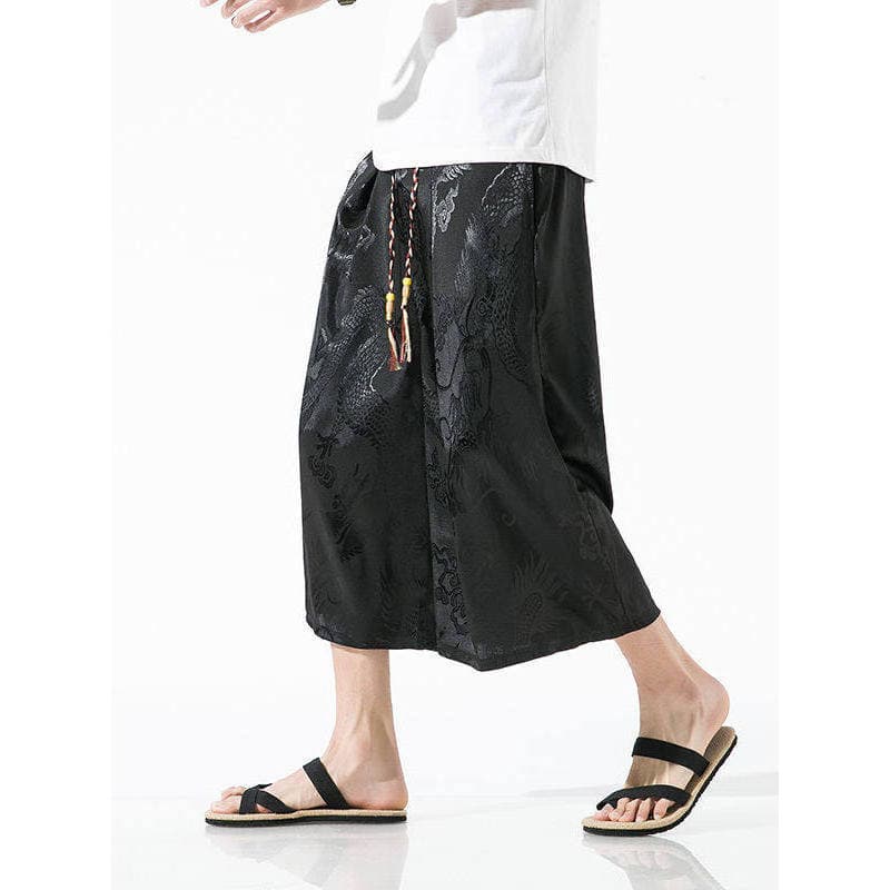 Estilo chinês calças cortadas de seda gelo masculino solto Drape praia calças verão fino sobre o joelho rua Wear largo-
