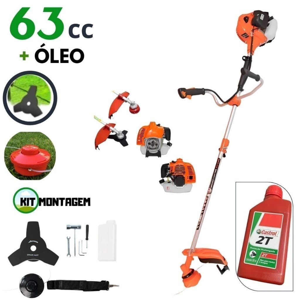 Roçadeira Profissional a Gasolina 63cc 2 Tempos + Óleo Lubrificante 500ml – Potência e Eficiência no Corte de Mato Denso