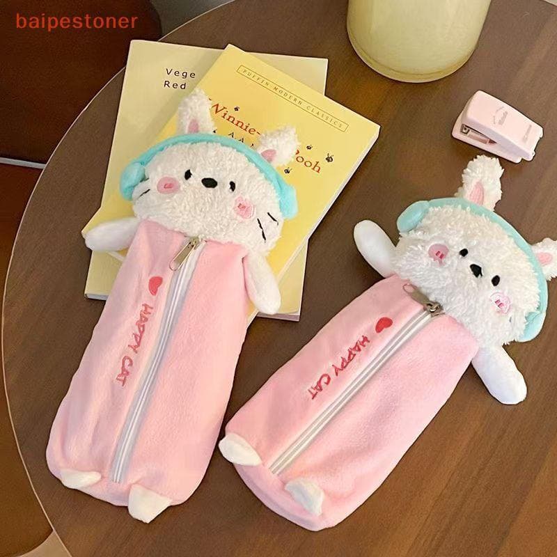 [baipestoner] Cartoon Cute Fones De Ouvido Caneta De Gato Bolsa Armazenamento De Papelaria De Pelúcia De Grande Capacida