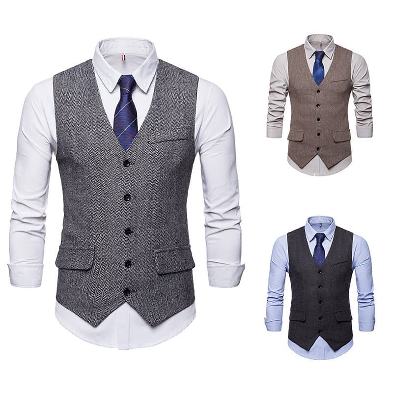 Masculino Com Decote Em V Único Breasted Terno Colete Espinha De Peixe Texturizado Fino Ajuste Formal Sem Mangas Plus Si