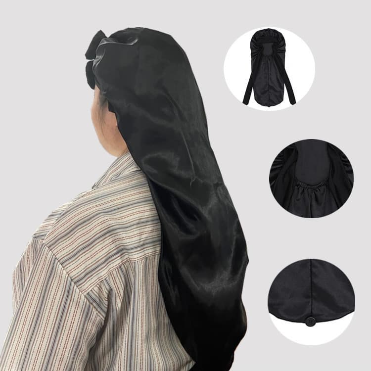 Nova touca de proteção para cabelo em cetim de alta elasticidade, com laço longo e estilo pullover.