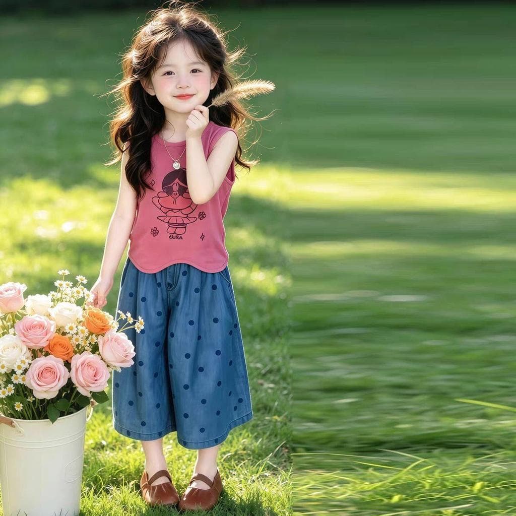 [Venda com desconto por tempo limitado] Meninas verão estampa de desenho animado sem mangas colete bolinhas jeans calças
