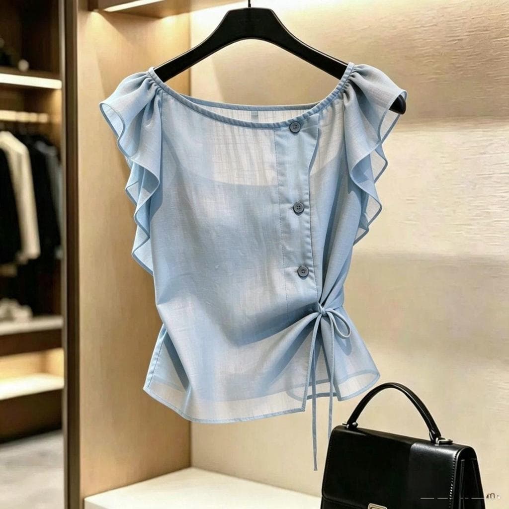 [Seckill por tempo limitado] Top francês de Chiffon de manga voadora pequena com babados, alça lateral de verão, cintura