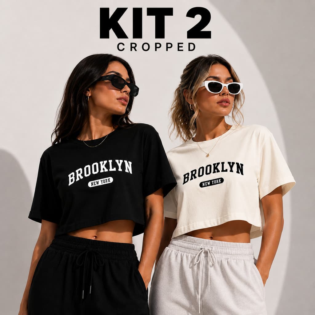 Kit 2 Cropped Feminino Oversized Brooklyn Camiseta Feminina 100% Algodão Blusa Cropped Manga Estilo Streetwear