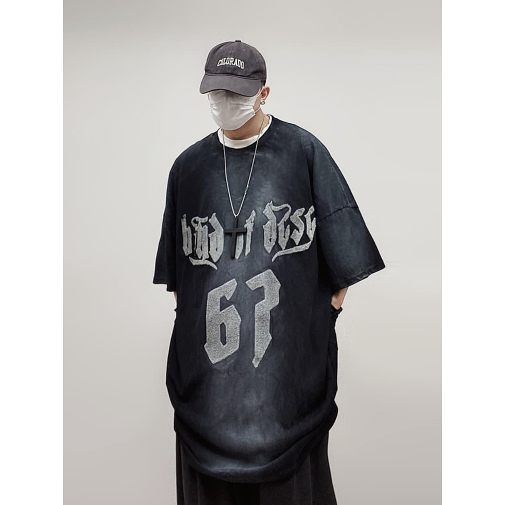 UUCSCC Americano Retro Angustiado oversize Meia Manga Curta High Street Bordado Perfil Pesado Meia Manga