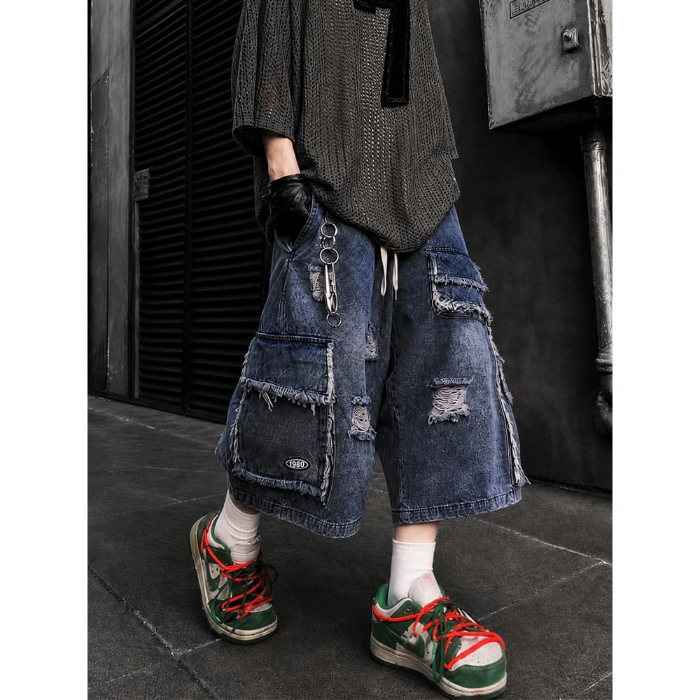 UUCSCC Street Wear Retro Multi-bolso Perna Larga Denim Calças de Cinco Pontos Hip-hop High Street Macacão Rasgado Curto