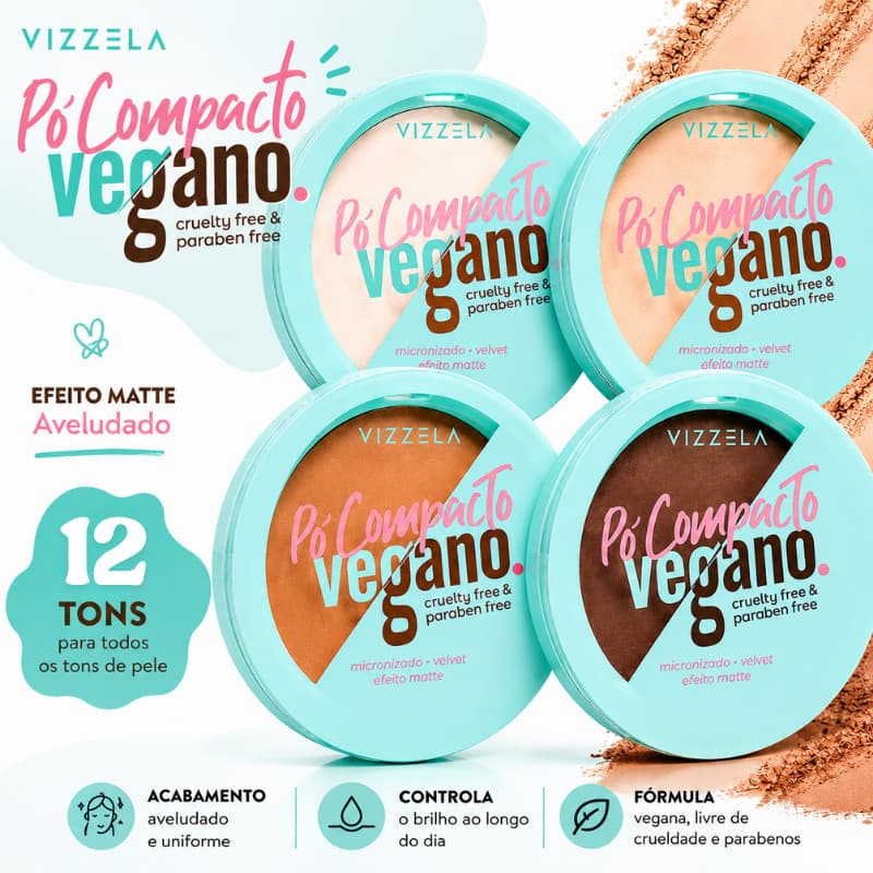 Pó Compacto Efeito Matte VIZZELA Po Maquiagem Original Vegano Po Compacto Po de Rosto Pó Vizzela