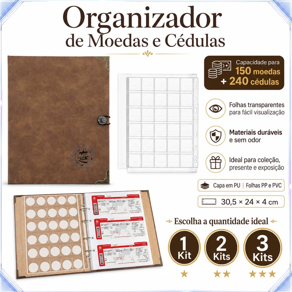 Álbum de Coleção de Moedas e Cédulas Couro PU Marrom, 1‑2‑3 Jogos, 150 Moedas, 240 Cédulas