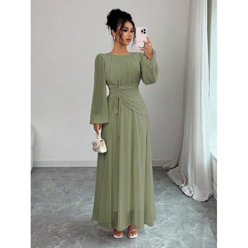 2026 Novo estilo lindo verão romântico elegante Casual férias gola redonda plissado cordão linha A vestido de manga comp