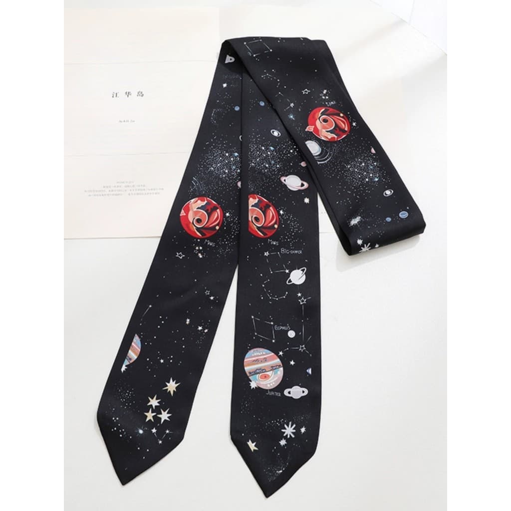 Original preto espaço exterior ângulo afiado Streamer azul céu estrelado moda longo estreito lenço de seda cinto cacheco
