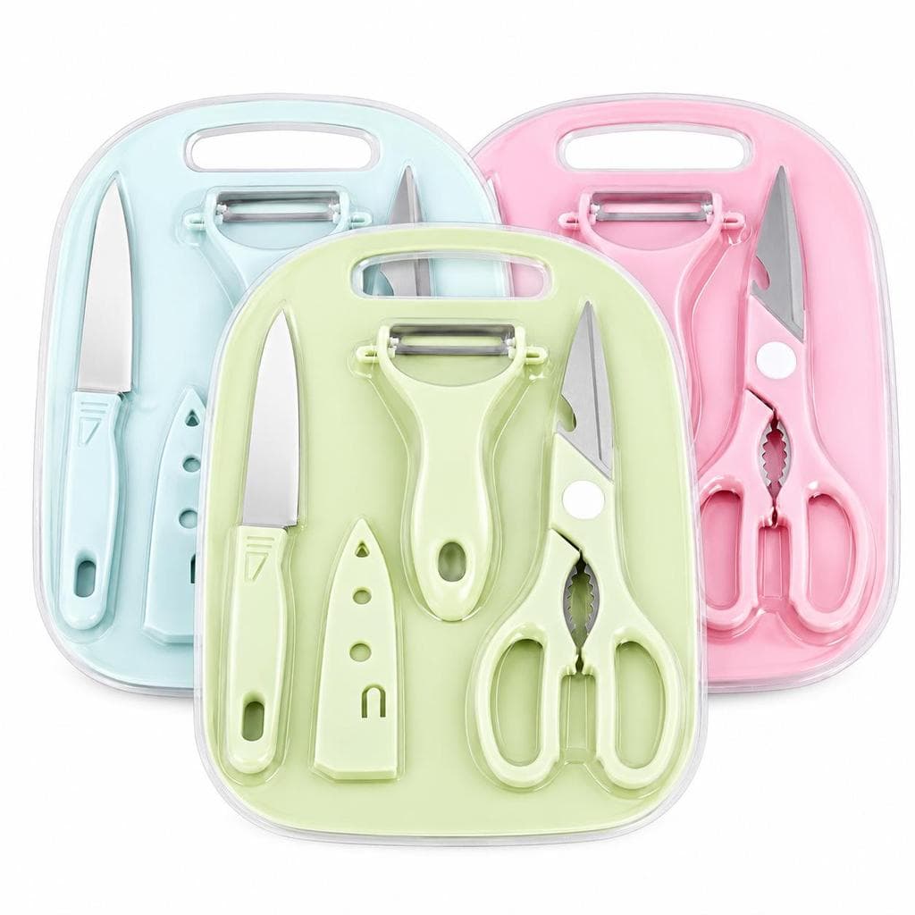 Kit de Utensílios de Cozinha 4 Peças - Faca Tesoura Descascador Tábua Culinária Inox  ANG