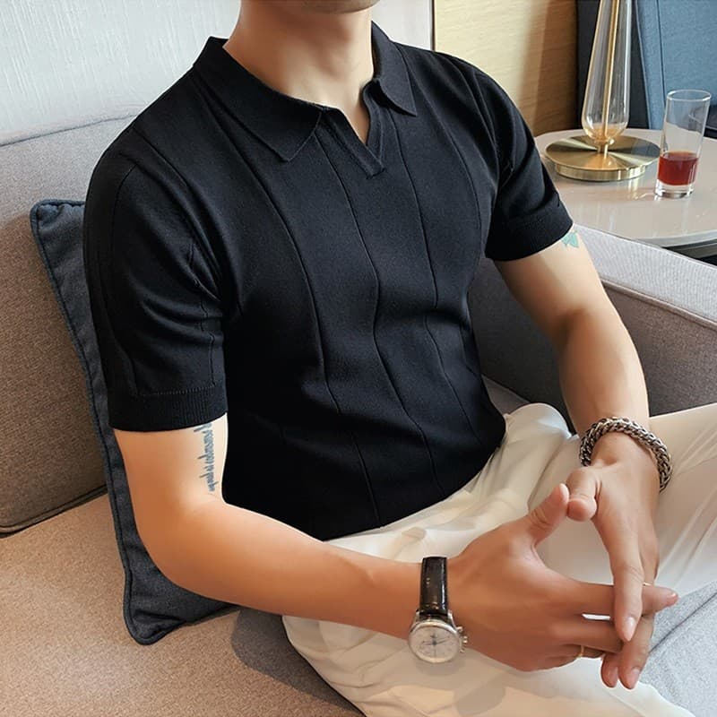 High-End gelo seda de manga curta camiseta masculina verão 2023 novo estilo de negócios topo rufião bonito com decote em