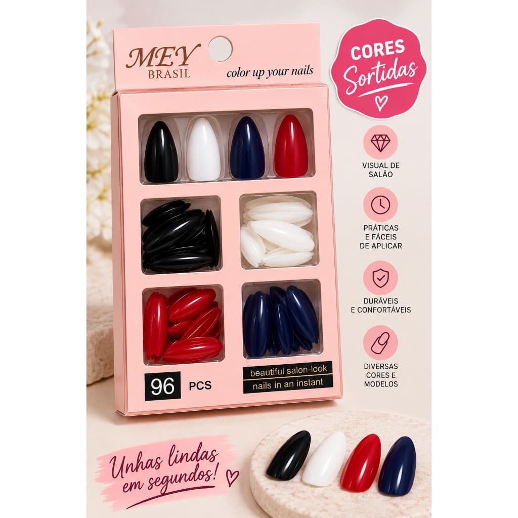 Unhas Postiças 96 Peças Cores Sortidas Modelos Variados para Alongamento e Nail Art