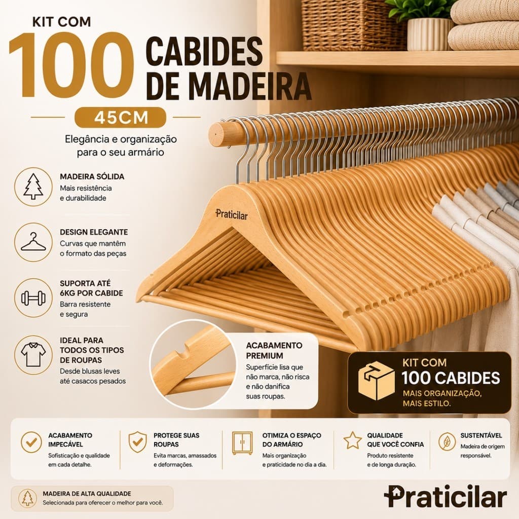 Kit 100 Cabides Madeira Organização de Roupas Armário Quarto Loja